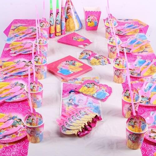Disney Party Supplies Princess Kawaii Girl Pink Birthday Decoration Christmas Festival Dinner Disposable Tableware Anime Figures