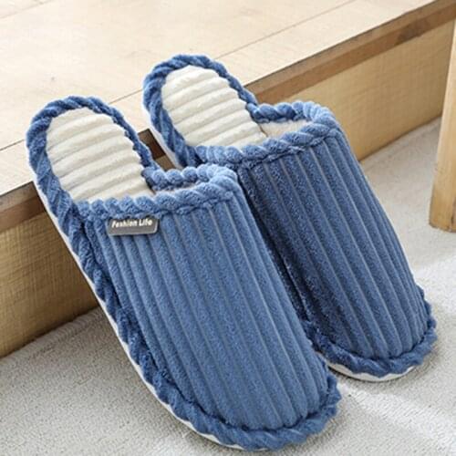 Plus Size Winter Slipper Couple Non Slip Striped Plush Male Slippers Homewear Women Warm Fashion Indoor Shoes