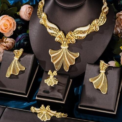 KellyBola Luxury Exquisite Bridal Wedding 4-piece Jewelry Zircon Necklace Bracelet Earring Ring Set Female Fashion Gold Jewelry
