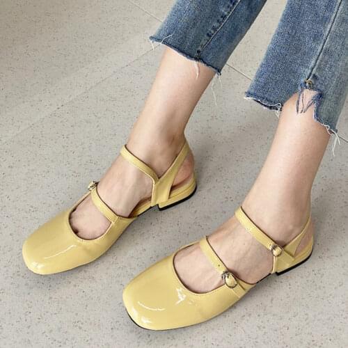 Fashion Double Buckle Slingbacks Sandals Women Patent Leather Square Toe Pumps Woman Yellow Low Heel Mary Jane Shoes Lady