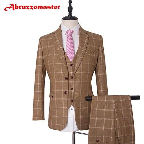 Khaki Dinner Suit Single Breasted Wedding suit Tailor Suit Blazer Plaid Suit 3Psc Groom Tuxedos(Jacket+pants+vest)