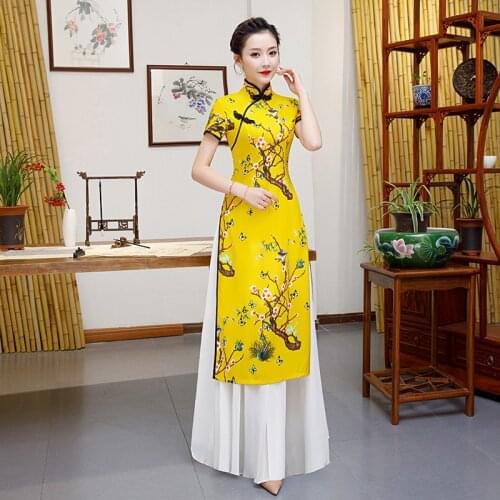 Yellow AO Dai Long Cheongsam Evening Tunic Dress Chinese Style Party Qipao Oriental Womens Elegant Gowns Vestido S-5XL