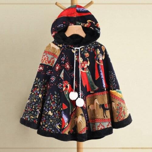 Womens Fleece Coat Winter Warm Poncho Cape Hoodie Casual Cold Weather Fashion Loose Cotton Linen Print Cloak Long Sleeve Lady