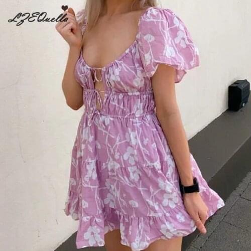 Floral Print A Line Mini Dress Women Puff Sleeve O Neck Lace Up Dresses Casual High Waist Ruffles Pleated Party Vestidos NZ3536