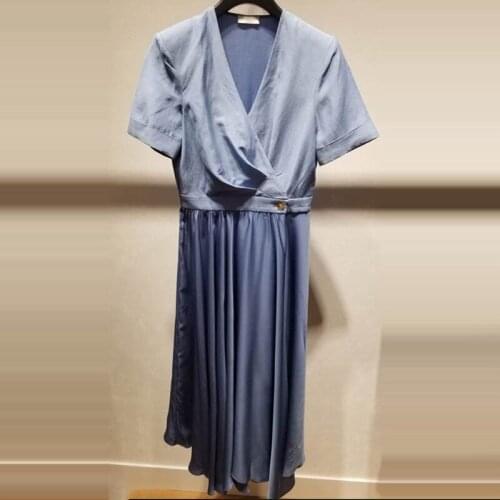 Patads French light luxury minority spring and summer cross V-neck irregular Pleated Dress women r20688e