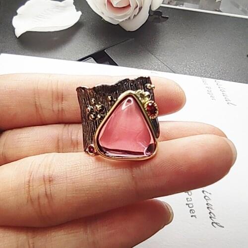 Big Triangle Fuchsia Stone Rings for Women Black 2 Tone Jewelry Irregular Shape Brass Trendy Jewellery