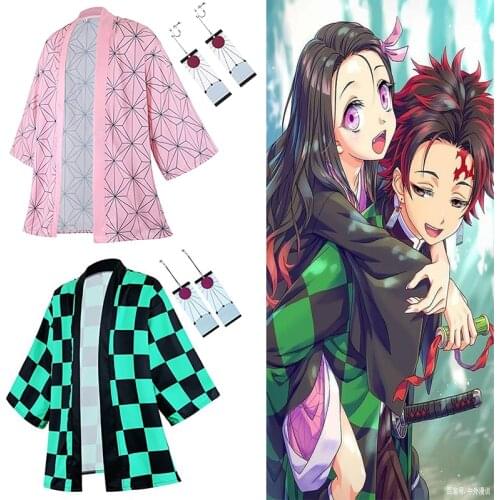Anime Demon Slayer Kimono Cosplay Costume Kinetsu No Yaiba Kimono 3D Printed Coats Kisatsutai Cloak with Earring Tops Halloween