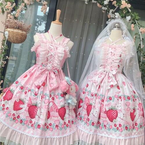 Strawberry Rabbit Love Dress Summer Womens Lolita Sleeveless Suspender Dress Gorgerous Cute Girl One Piece