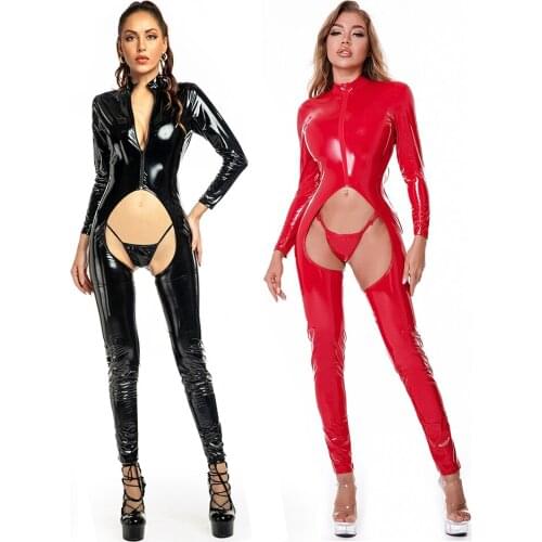 Long Sleeve Wet Look Shiny PVC Leather Open Crotch Latex Catsuit Lingerie with Thong Red Black Fetish Fetish Lingerie Costume