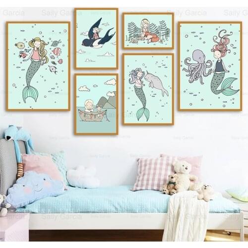 Cute Mermaid Canvas Painting Cartoon Poster Underwater World Wallpaper Print Craft Picture Nursery Home Kids Room Decoration
