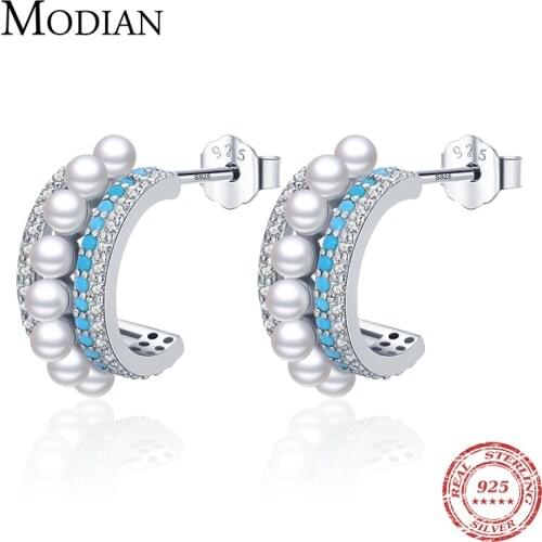 Modian Luxury Turquoise Ear Studs Real 925 Sterling Silver Pearl Charm Female Sparkling Stud Earrings For Women Brand Jewelry