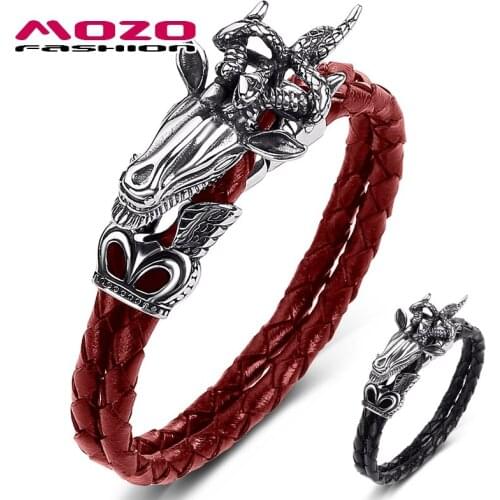 MOZO FASHION Hot Sale Men Jewelry Black Genuine Leather Bracelet Stainless Steel Punk King Of Beasts Sheep Women Gifts 551