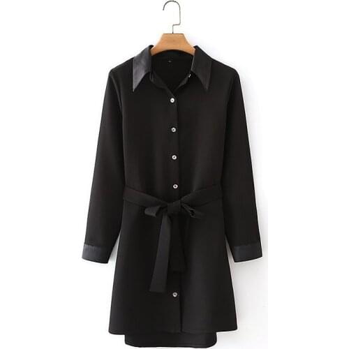 New Pop Women Black Dress With Belt Long Sleeves Short Dress Vogue Elegant Lady Chic Shirt-style Woman Dresses