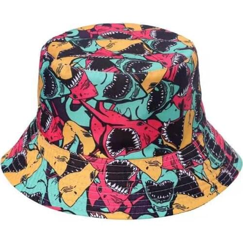 New Unisex Cartoon Animal Shark Print Panama Hat Cap Reversible Bucket Hat Summer Sun Hats Women Men Hip Hop Cap Bob Hat Chapeau