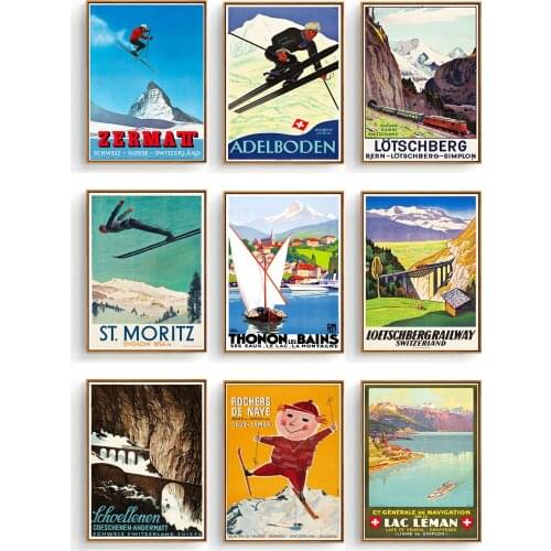 Retro Travel Posters Switzerland Skiing Boat Canvas Painting Vintage Kraft Children Poster Classic Wall Art Stickers For Nursery