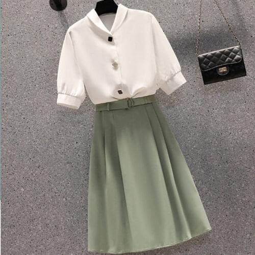 Plus Size Women Suit 2021 Summer New Net Red Short Sleeve White Blouse And Green Chiffon Skirt Lady Fashion Two Piece Set aq379