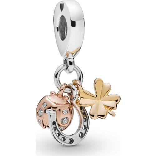 100% 925 Sterling Silver Beads Horseshoe, Clover and Ladybird Dangle Charm Fits Original Pandora Bracelet Women DIY Jewelry Gift