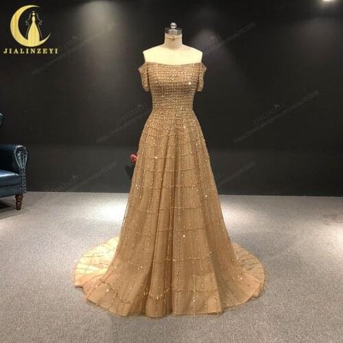 JIALINZEYI Zuhair Murad Off the Shoulder A-line Full Gold Beads robe de soirée de mariage Fromal dress Party Evening Dresses