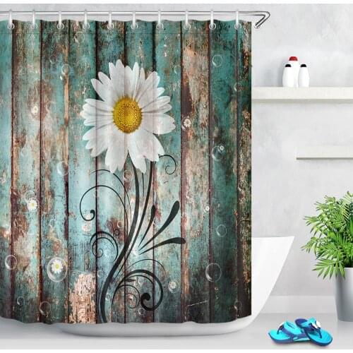 Daisy Flower Rustic Wooden Shower Curtain Waterproof Vintage Wood Plank Floral Fabric Bathroom Bath Curtains Bathtub Decorations