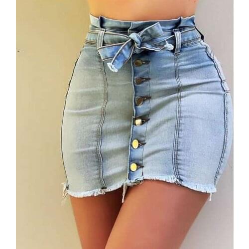 2021 Women Blue Skinny Denim Skirt Casual High Waist Denim Skirts Summer High Street Pockets Button All-matched Jeans Skirt