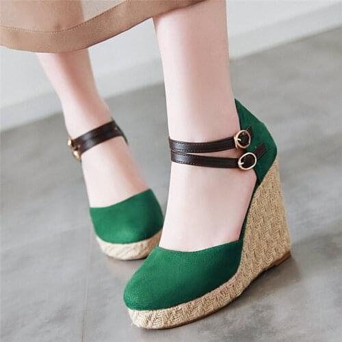 2020 Spring Women Wedge Heels Shoes High Heel Platform Ladies Pumps Buckle Ankle Strap Office Party Female Shoes Green Purple