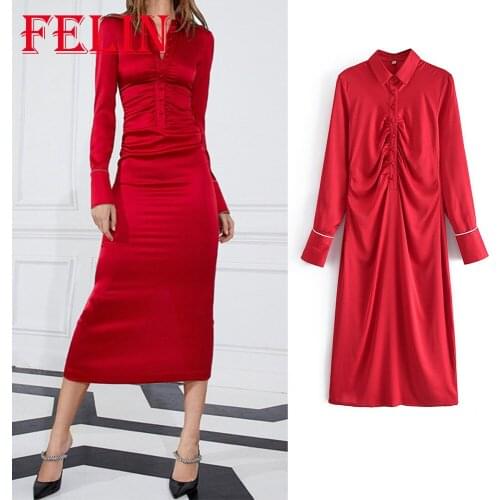 Za 2021 Chic Elegant Solid Red Women Dresses Y2K Luxury Office Lady Work Fashion Autumn Long Sleeve Zipper Dress Slim Vestidos