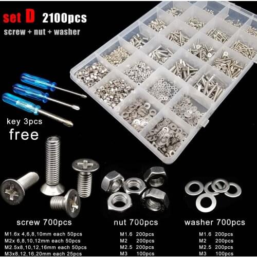 400/2100pcs M1.6 M2 M2.5 M3 M4 M5 304 A2 Stainless Steel Cross Phillips Flat Countersunk Head Screw Bolt Nut Washer Set Kit Box