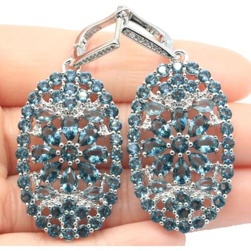 54x25mm ig European Design Jewelry Set 16g Created London Blue Topaz White CZ For Sister Dating Silver Pendant Earrings
