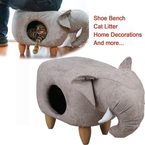 A,Creative Dual use cat litter nest Keep warm PU shoe bench stool with wood leg pet furniture Home decorations for Pet & owners