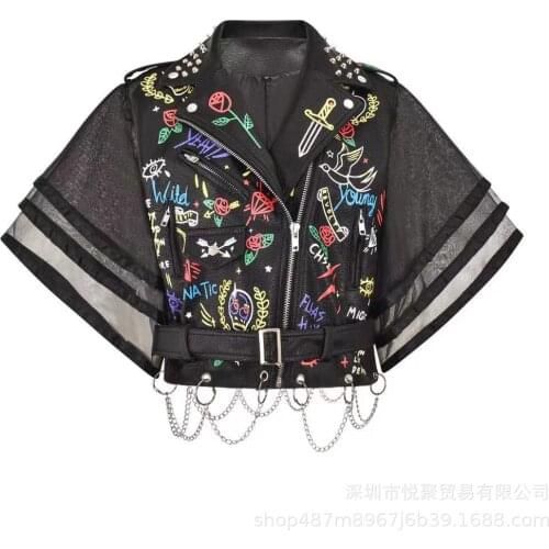 Spring and Autumn Graffiti Letters Vest Jacket For Women Street Style Rivet Collar and Decorative Chains