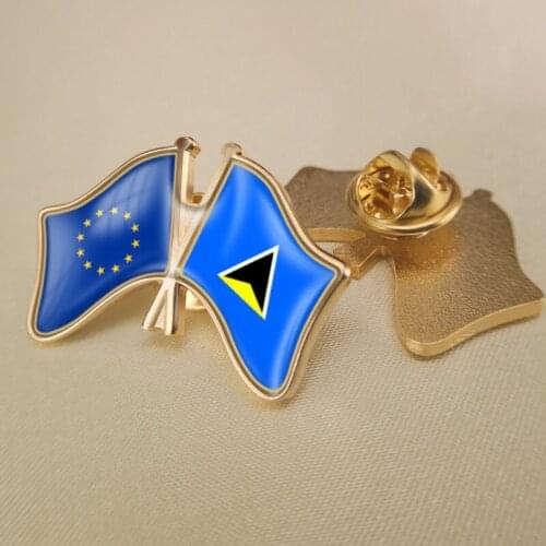 European Union and Saint Lucia Crossed Double Friendship Flags Lapel Pins