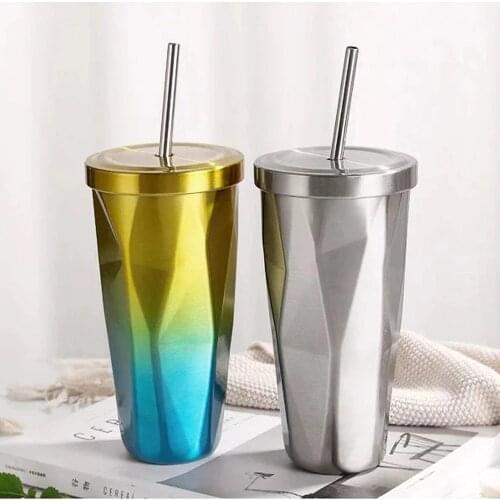 Stainless Steel Coffee Mugs Double Wall Tumbler Gradient Thermos Mug with Straw Drinking Water Thermal Flasks for Travel 500ml