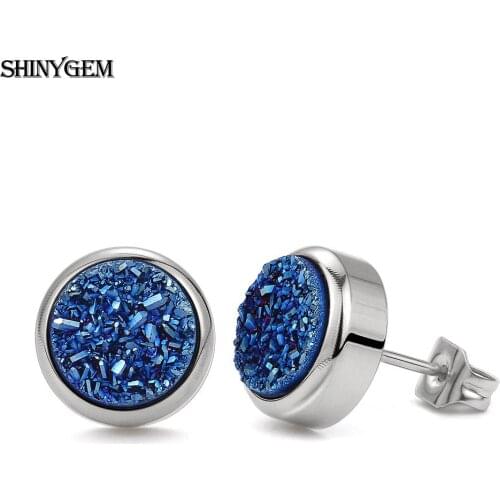 Trendy 6-10mm Micro Inlay Zircon Sparkly Natural Quartz Druzy Stone Stud Earring Rhinestone Golden Plated For Women Jewelry 5Pcs