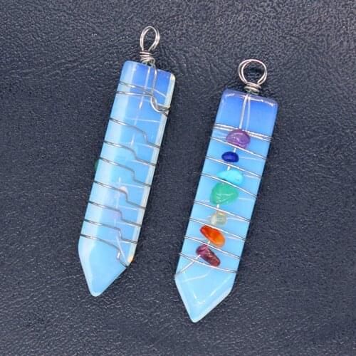 Trendy-beads Silver Plated Wire Wrap Sword Shape Opalite Opal Pendant Healing Balancing Jewelry
