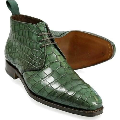 2021 New Men Shoes Fashion Formal Dress Gentleman Handmade High-end Green PU Crocodile Pattern Lace-up Ankle Chukka Boots 3KC482