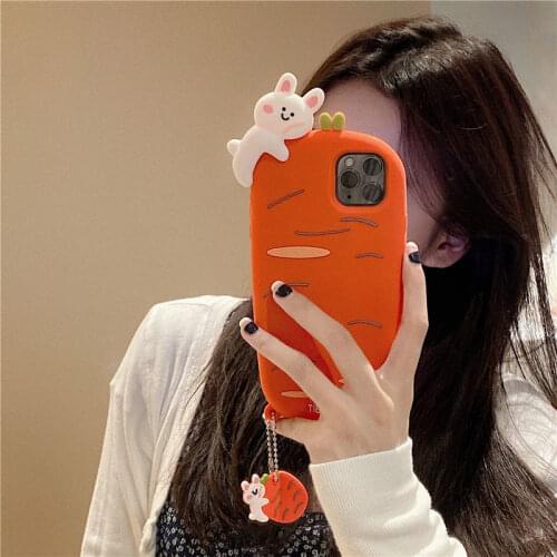Carrot Patterned Animal Phone Case For iPhone 11 Pro X XR XS Max 7 8 Plus SE 2020 Soft Silicone Phone Back Cover With Pendant