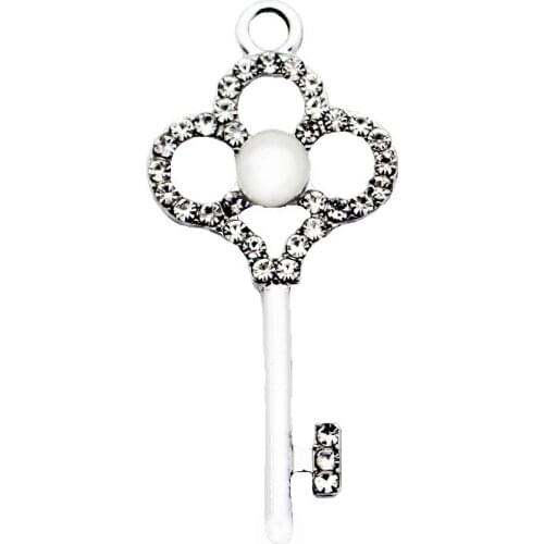 New Arrival 20pcs/lot pearl key Crystal Dangle Charms Lobster Clasp Hanging Charm For Bracelet&Pendant Floating Charms Jewelry