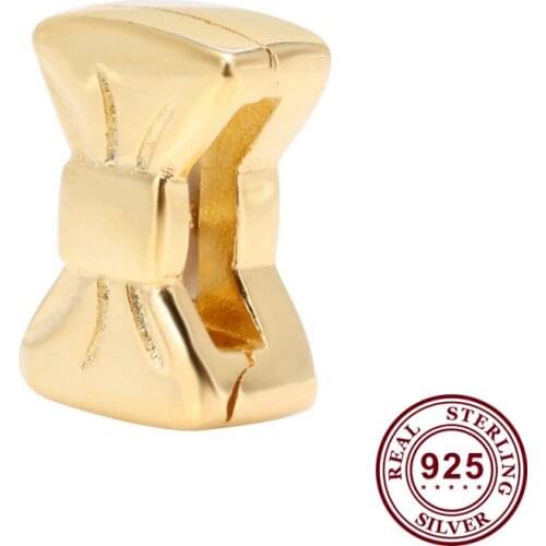 Original 925 Sterling Silver Bead Gold Bow Fixed Clip Beads Fit Pandora Women Bracelet & Necklace Diy Jewelry