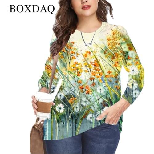 2021 Autumn Women Plant Flowers 3D Dandelion Print T Shirt Long Sleeve Tops Casual O-Neck Female Shirt Plus Size 3XL 4XL 5XL 6XL