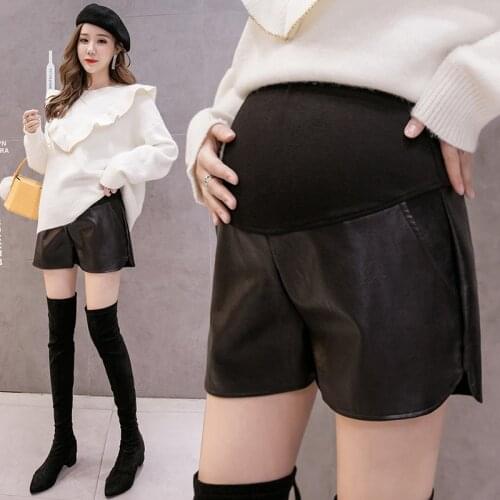 1018# 2021 Autumn Winter Black PU Maternity Shorts Loose Elastic Waist Belly Clothes for Pregnant Women Pregnancy Bootcuts