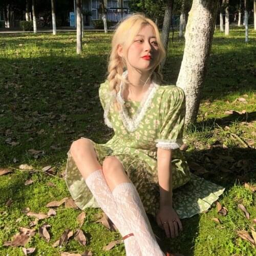 French Vintage Summer Boho Dress Women Elegant Sweet A-Line Korean Floral Dresses Korean Chic Cute Green Slim Casual Dress Lady