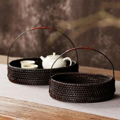 Chinese Retro Style Portable Bamboo Storage Basket With Metal Handle Durable Handmade Classical Food Tray For Tea Set Fruit Cake