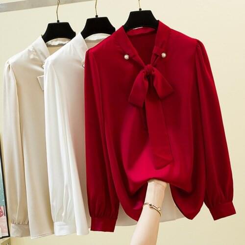 Fashion Autumn Large Size Womens Shirts Blouses Elegant Bow Neck Long Sleeve Shirt Comfortable Soft And Loose Womens Tops