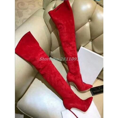 Metal Blade Heel Over The Knee Spring Winter Boots Solid Sexy Pointed Toe Slip On Stretch Women Boots Red Black Match Everything