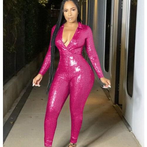 Sexy Glitter Jumpsuit Women Clubwear Overalls Long Sleeve Deep V-neck Sparkly Party One Piece Jumpsuit Bodycon Romper Christmas