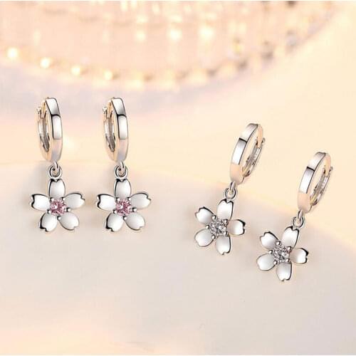925 Sterling Silver Sweet Cherry Blossom Shape Dangle Earring With Pink Zircon Embellished Ear Jewelry For Women S-E451