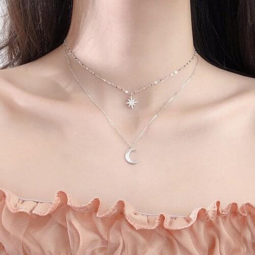 SIPENGJEL New Fashion Mini Star Moon Chore Neckalce Double Layer Chain Necklace For Women Summer Girl Jewelry Gift 2021