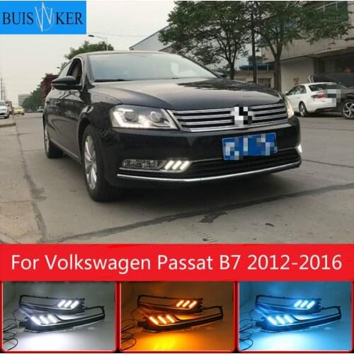 LED DRL daytime running light for Volkswagen Passat b7 2012-2016 with moving yellow turn signals and blue night running light