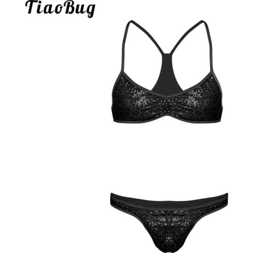 TiaoBug 2Pcs Mens Shiny Sequins Sissy Gay Lingerie Set Spaghetti Strap Cross Back Bra Top With Briefs Underwear