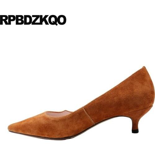 High Heels Footwear Women Pointed Toe Pumps Black Ladies Kitten Shoes Size 33 Genuine Leather Medium Brown Suede Thin Brand Nude